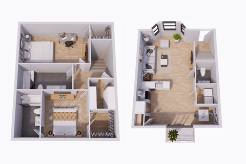 Two floor plan images of a house with a kitchen, living room, bedrooms and bathrooms.